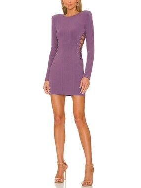 NWT NBD Revolve Rory Mini Dress Lavender Ribbed Long Sleeve Lace-Up Side Dress